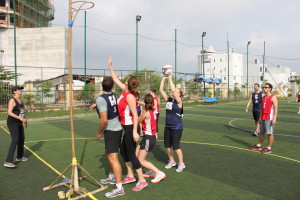 The custom made bamboo netball goals were a big hit