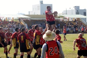 Gecko's winning the line out in the Rugby in front of the magnificent shaded Son Tra stadium with 