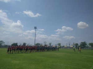 Both womens teams lining up for the Cambodian and Vietnamese national anthems ahead of their historic match