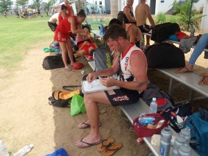 Swans full back (or is it full forward now?) Dan Morrison ensuring that his wife gets the maximum opportunity to kick goals while coaching the Gaels in Phnom Penh, March 2017.