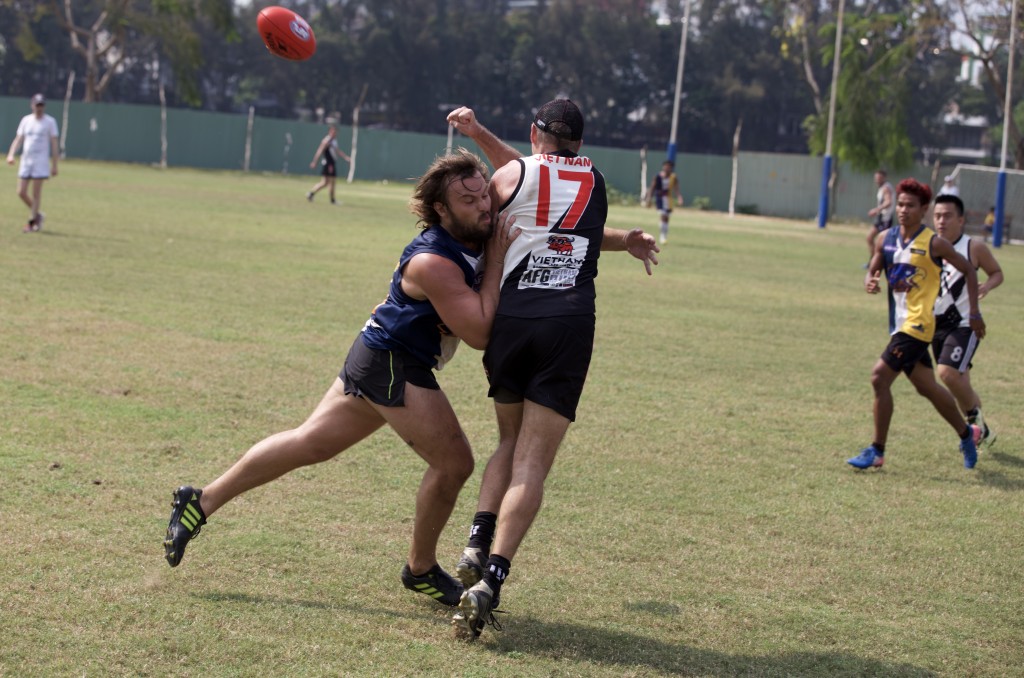 AnGUS McEwin fires off a handball in one of his many influences on the game including some big contested marks. 